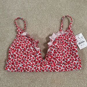 J. Crew Ruffle French red floral bikini swim top size XS